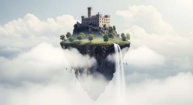 A castle sits atop a floating island in the sky - Powered by Adobe
