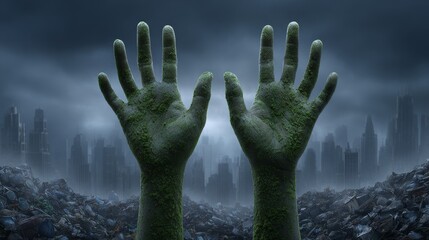Abstract art of green hands rising from waste holding each other global environment concept urban landscape