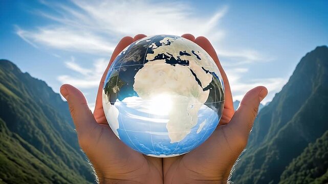 World globe held in hands against mountains
