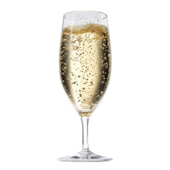 One glass champagne with sparkling bubbles isolated on a transparent background