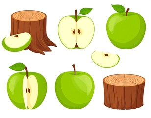 Green apples and wood stump illustration