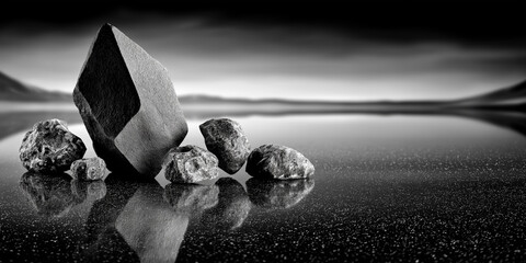 A dramatic black and white landscape features a collection of sharp, angular rocks and rounded stones reflected on a calm, dark water surface under a brooding sky, evoking a mysterious and powerful 
