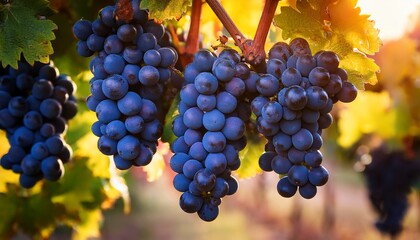 Naklejka premium close up of a bunch of ripe dark blue grapes on a vine