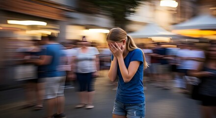 Young Woman Experiences Panic Attack in Urban Street, emotional breakdown, stress 