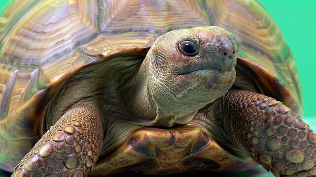 Portrait of a large tortoise with textured skin and patterned shell against a vibrant green backdrop