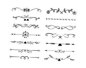 Fototapeta premium text dividers doodle set. Wedding decorative elements. Divider ornament, borders, floral, vintage line separators. Hand drawn vector illustration isolated on white background. Set page dividers.