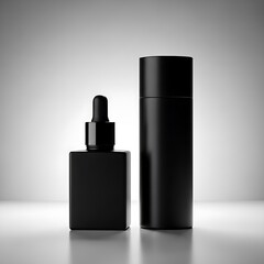 Obraz premium Black cosmetic bottle and tube on a white background for product display