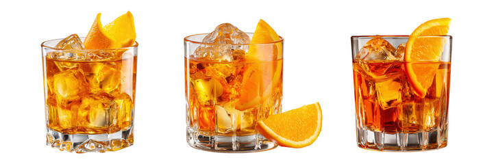 Set of Classic cocktail with orange peel and ice in a glass isolated on a transparent background