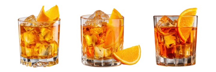 Set of Classic cocktail with orange peel and ice in a glass isolated on a transparent background