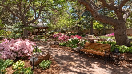 Peaceful garden path, shaded by trees, filled with flowers
