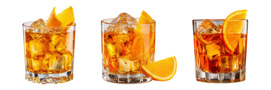 Set of Classic cocktail with orange peel and ice in a glass isolated on a transparent background