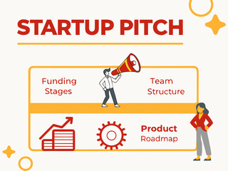 Infographic vector for startup pitch showcasing business idea, funding stages, team structure, and product development roadmap.

