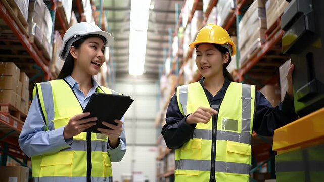 Two Asian Workers in Safety Vests and Hard Hats Inspecting Inventory in a Warehouse with Rows of Shelves and Boxes