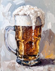 Octoberfest poster with glass of beer with foam on beige background painting with brushstrokes
