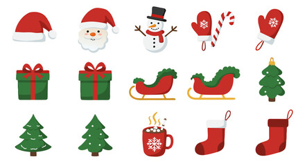 Fototapeta premium Illustration of christmas themed objects including santa hat gifts and christmas tree on white background