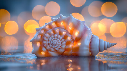 A seashell on a reflective surface with blurred lights in the background.