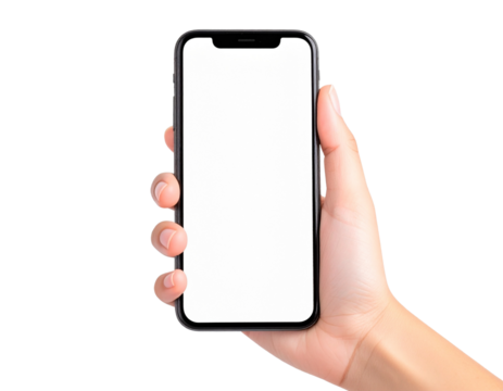 Hand using smartphone with blank screen isolated on transparent PNG.