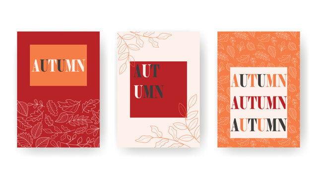 Set of autumn vertical layouts. Colorful fall modern design of flyer, postcard, poster, booklet, leaflet or card. Template with leaves, vector graphic