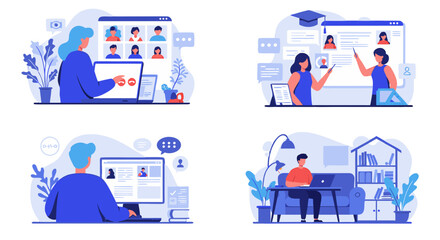 Illustration showing different people using computers for online meetings and education in various settings