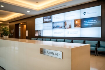 Professional modern office reception area with digital display wall and comfortable seating creates welcoming business atmosphere