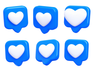 Social media icons set with heart, message, and interaction symbols in 3d style