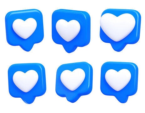 Social media icons set with heart, message, and interaction symbols in 3d style - Powered by Adobe
