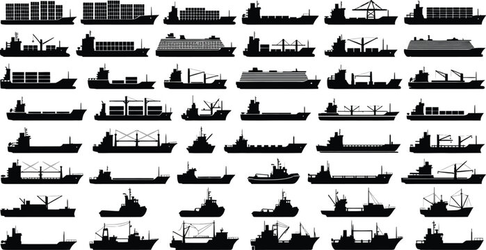 Silhouette illustrations showcasing various types of ships and cargo vessels in black and white style