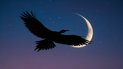 Fototapeta premium Silhouette bird flying night sky crescent moon stars dark nature wildlife scenic peaceful tranquil mystic