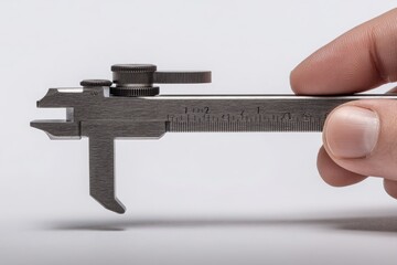Close-up of a hand holding a caliper measuring an object on a plain background