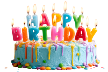 Colorful birthday cake with lit candles.