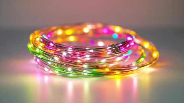 Vibrant, colorful LED string lights coiled on surface emitting multicolored light