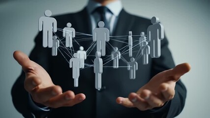 Man in Black Suit Presenting a Network of Abstract Figures Symbolizing Global Connectivity and Social Structures on a Neutral Background