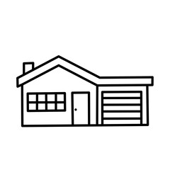 Black and white outline icon of a modern one-story house with attached garage and large front window. Ideal for property and architecture projects