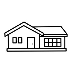 Simple line drawing of a horizontal house with double roof and large front windows, in clean black and white. Ideal for real estate and design use