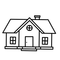 Minimalist black line icon of a symmetrical house with chimney and twin front windows, ideal for architectural or home-related visuals