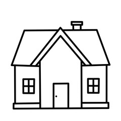 Traditional house icon in clean black and white lines with chimney and symmetrical windows. Perfect for architecture, housing, or real estate themes