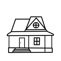 Black and white line illustration of a two-story house with large roof and round attic window, perfect for real estate or architectural icons