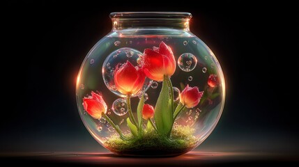Red tulips in a glass globe, glowing
