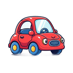 Cartoon Red Car with Big Eyes and Blue Wheels on Transparent Background