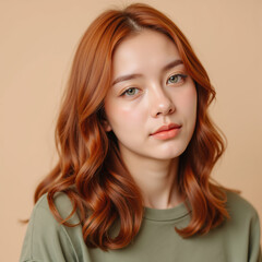 Fototapeta premium Soft waves frame serene face with warm, reddish brown hair and captivating green eyes, set against neutral background