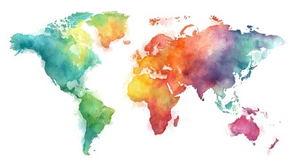 colorful watercolor world map isolated on white background 