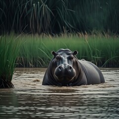 A hippopotamus standing partly in muddy water of an African river. Dangerous wild animal. Generative AI
