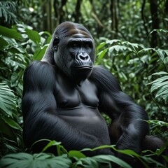 A lowland gorilla sitting in the dense green rainforest of Central Africa. Dangerous wild animal. Generative AI