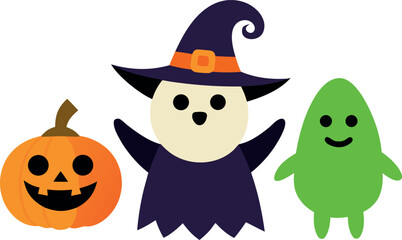 Fototapeta premium Cartoon Halloween Illustration Featuring Three Playful Characters in a Festive Colorful and Whimsical Scene for Holiday Designs