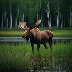 A moose standing at the edge of a northern lake with marsh grass and birch trees. Dangerous wild animal. Generative AI