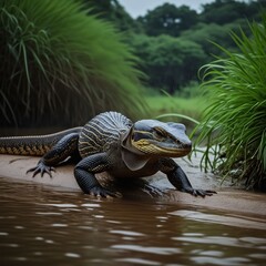 A Nile monitor lizard slowly crawling along the wet riverbank of an African river. Dangerous wild animal. Generative AI