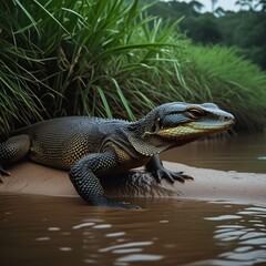 A Nile monitor lizard slowly crawling along the wet riverbank of an African river. Dangerous wild animal. Generative AI