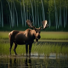 A moose standing at the edge of a northern lake with marsh grass and birch trees. Dangerous wild animal. Generative AI