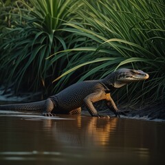 A Nile monitor lizard slowly crawling along the wet riverbank of an African river. Dangerous wild animal. Generative AI