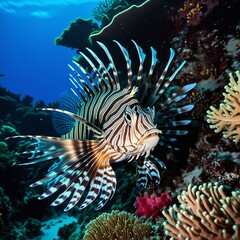 A red lionfish with long venomous fins swimming among colorful corals in a tropical reef. Dangerous wild animal. Generative AI